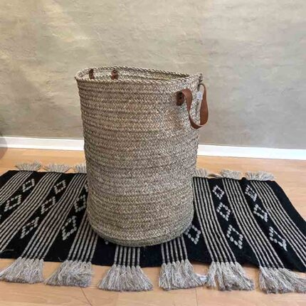 Basket with Leather Handle | Handmade Moroccan Seagrass Storage Basket