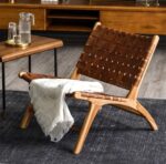 Handmade Moroccan Armchair “Abdel” – Walnut Wood & Dark Brown Leather | Boho Natural Home Décor