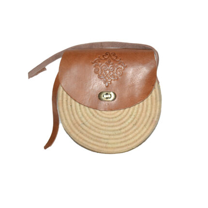 Handmade Moroccan Raffia Handbag – Round Woven Bag with Leather Accents  Lightweight Boho Shoulder Bag