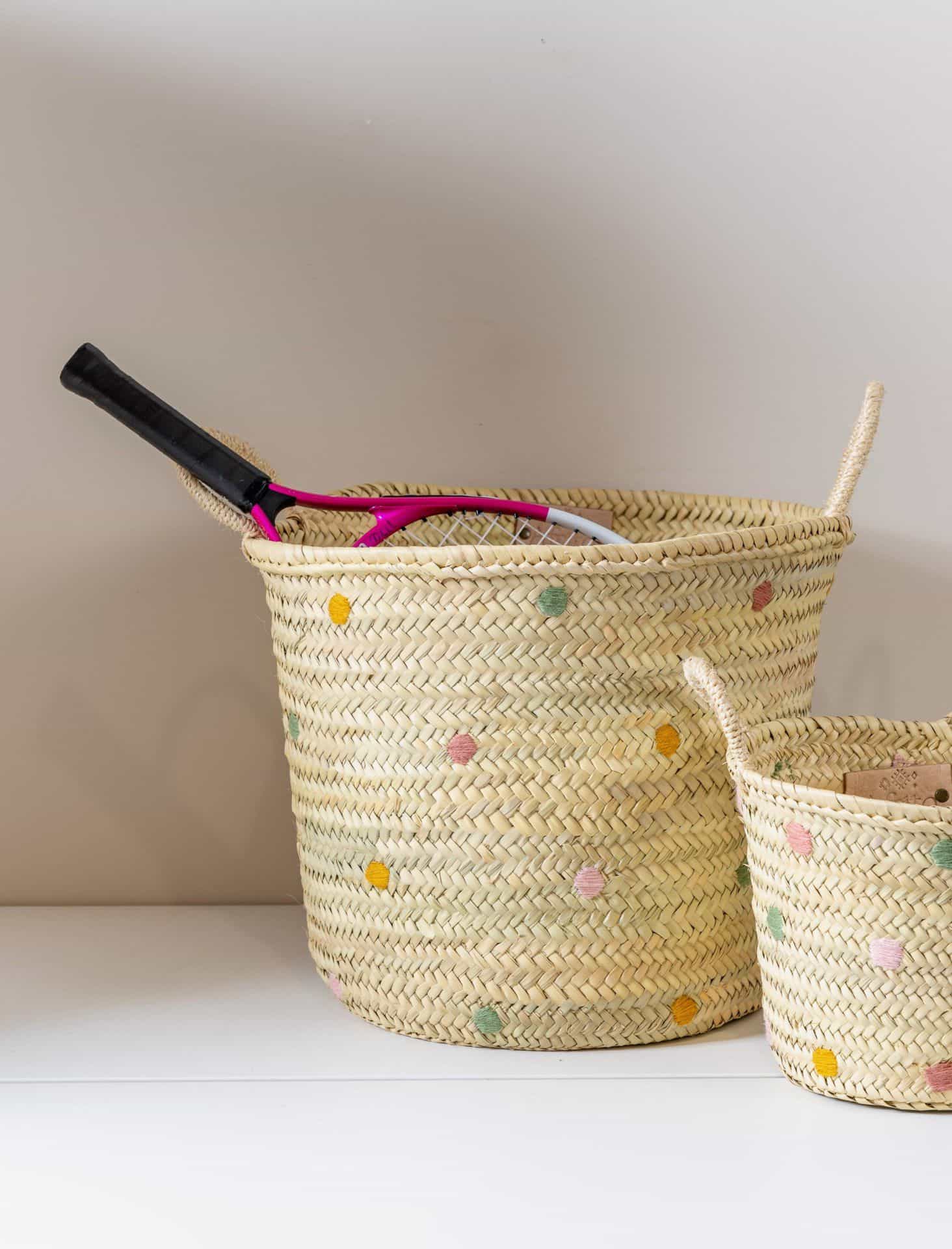 Ila Bitiha Storage Basket – Handmade Straw Basket with Colorful Embroidery Kids Room & Playroom Organizer (3) Storage Basket – Handmade Straw Basket with Colorful Embroidery | Kids Room & Playroom Organizer - Image 1