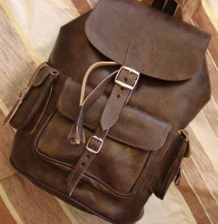 Leather Backpack – Handcrafted Full Grain Cow Leather with Side Pockets and Large Circular Zipper Opening