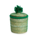 Mini Green Woven Basket with Pom Pom Lid – Handmade Moroccan Reed Storage Pot