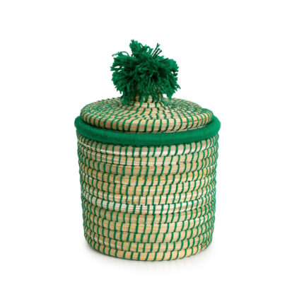 Mini Green Woven Basket with Pom Pom Lid – Handmade Moroccan Reed Storage Pot