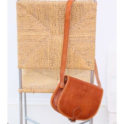 Moroccan Brown Tan Round Leather Satchel – Berber Style Crossbody Bag with Adjustable Shoulder Straps