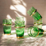 Set of 6 Beldi Green Glasses with Copper Accent – Recycled Glass, Moroccan Artisan Craft