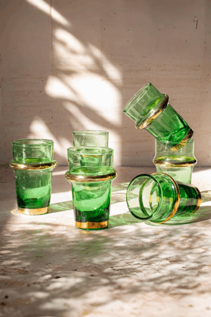 Set of 6 Beldi Green Glasses with Copper Accent – Recycled Glass, Moroccan Artisan Craft