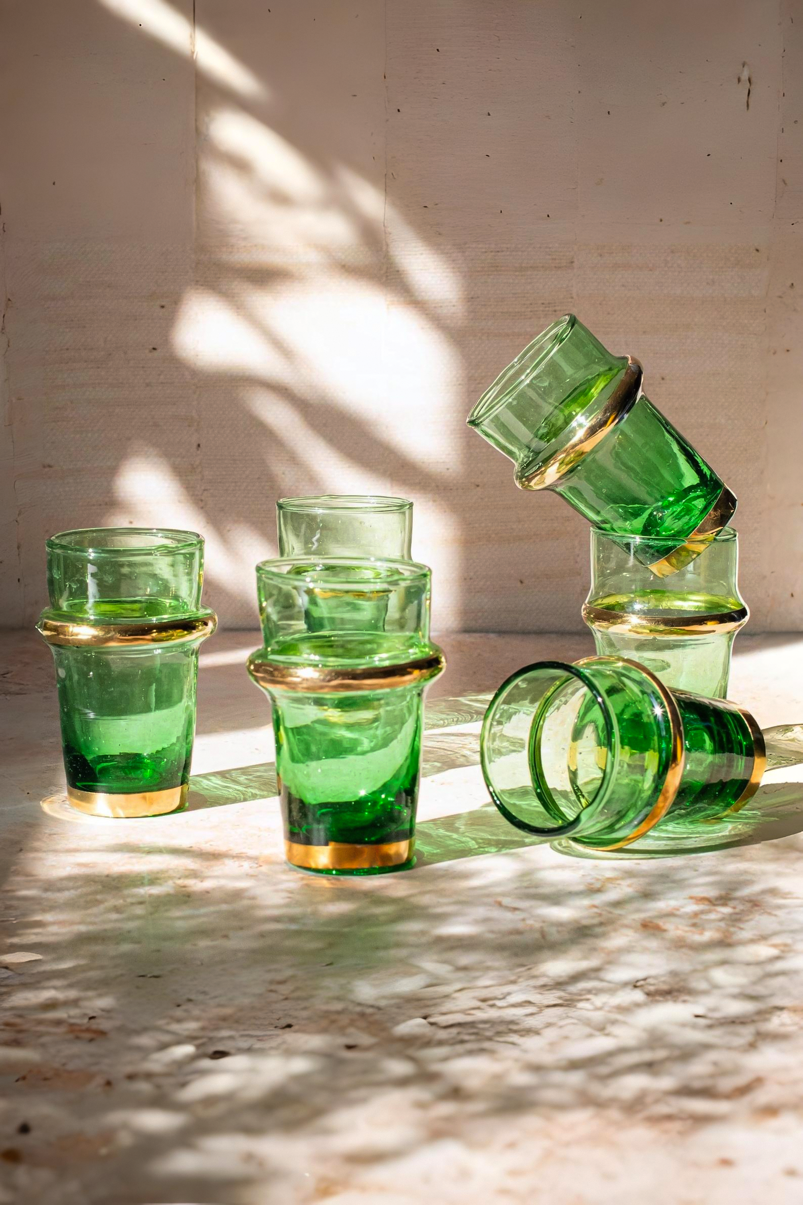 Set of 6 Beldi Green Glasses with Copper Accent – Recycled Glass, Moroccan Artisan Craft (5) Set of 6 Beldi Green Glasses with Copper Accent – Recycled Glass, Moroccan Artisan Craft - Image 1