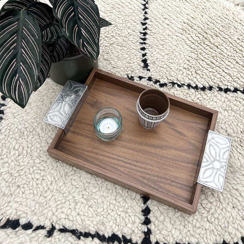 Tray in Walnut Wood with Hand-Cut Stainless Steel Handle Handmade Moroccan Serving Tray (3) Tray in Walnut Wood with Hand-Cut Stainless Steel Handle | Handmade Moroccan Serving Tray - Image 1