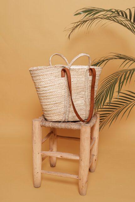 👜 Farmer Basket Bag – Handmade Moroccan Palm Tote with Leather Straps & Inner Lining