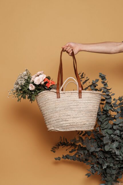 👜 Marche Basket Bag – Handmade Moroccan Palm Tote with Leather Straps & Inner Lining