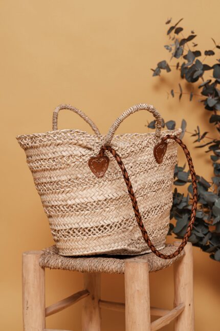 👜 Resort Basket Bag – Handmade Moroccan Palm Tote with Leather Straps