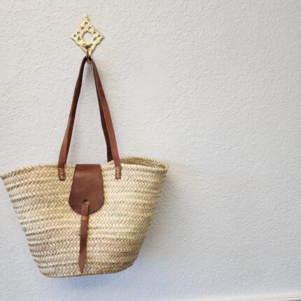 🧺 Handcrafted Moroccan Woven Market Basket with Leather Straps – Large French-Style Shopping Tote